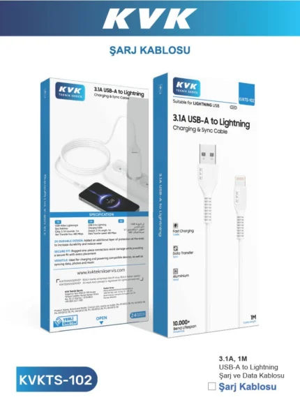 KVK TEKNİK SERVİS USB-A TO LIGHTINING 3.1A 1M APPLE ŞARJ KABLOSU