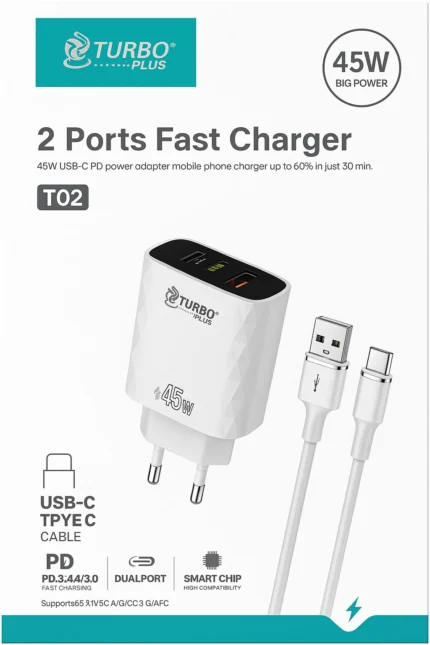 TURBO PLUS T02 45W Çift Portlu USB-C to Type-C Hızlı Şarj Cihazı
