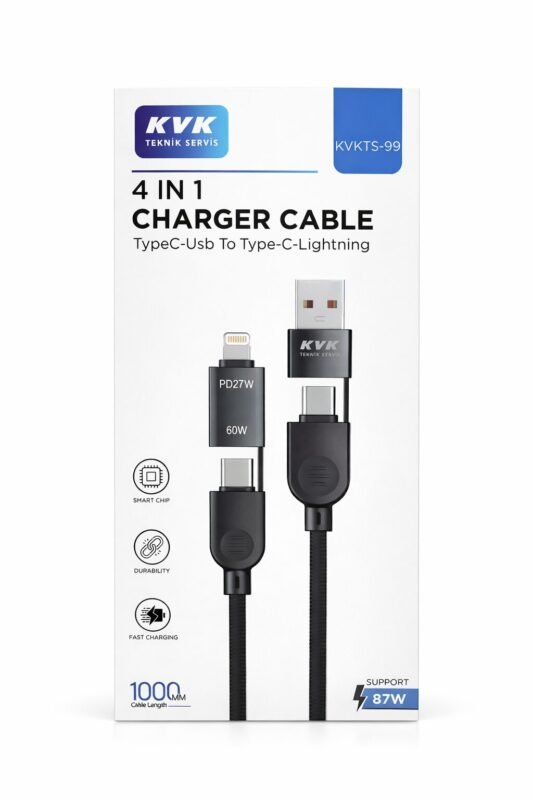 kvkstore.com.tr|KVK 4 in 1 PD27W – 60W – 87W USB-A / Type-C Lightning & Type-C Hızlı Şarj Kablosu – Tek Kablo, Maksimum Güç!