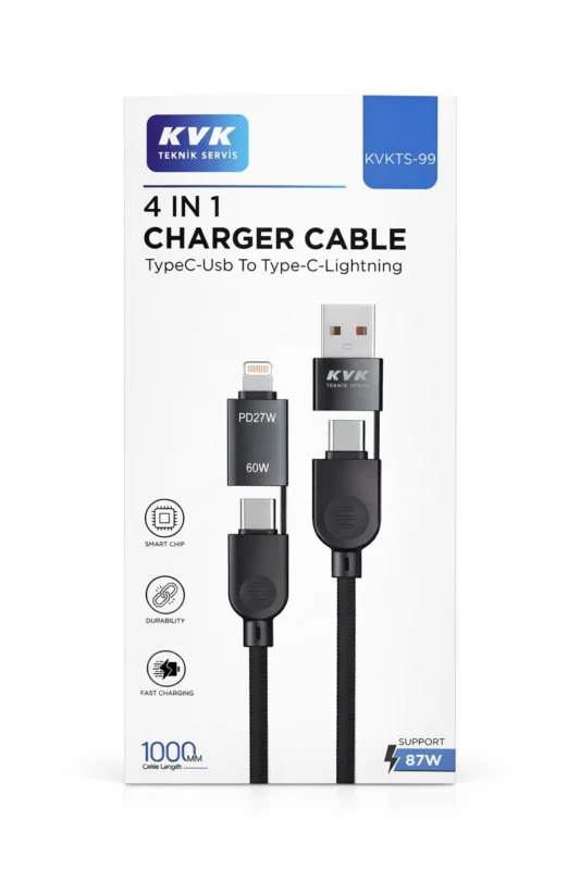 kvkstore.com.tr|KVK 4 in 1 PD27W – 60W – 87W USB-A / Type-C Lightning & Type-C Hızlı Şarj Kablosu – Tek Kablo, Maksimum Güç!