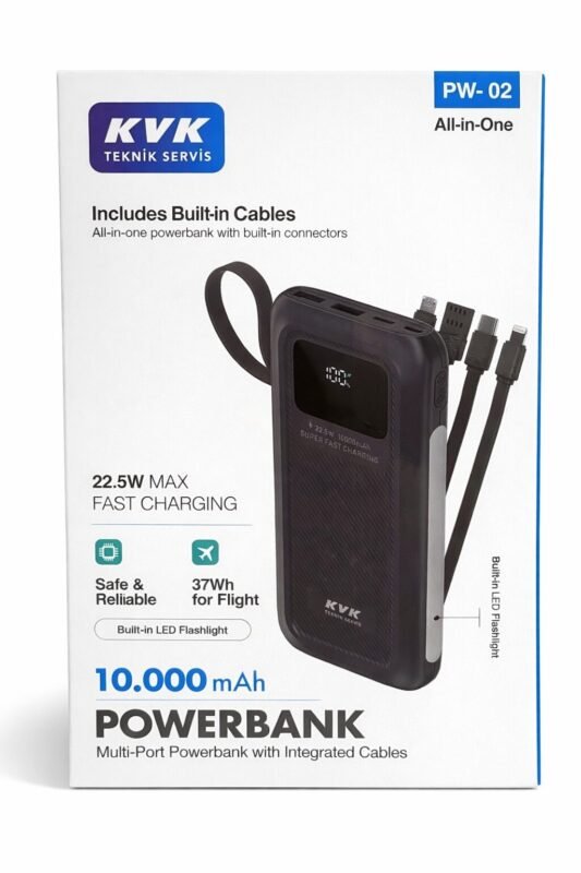 kvkstore.com.tr|KVK 10000 mAh 22.5W Hızlı Şarj All-in-One Powerbank | 4 Entegre Kablo | LED Fener | Dijital Ekran
