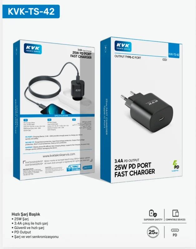 kvkstore.com.tr|25W Type-C PD Hızlı Şarj Başlığı 3.4A Destekli Siyah