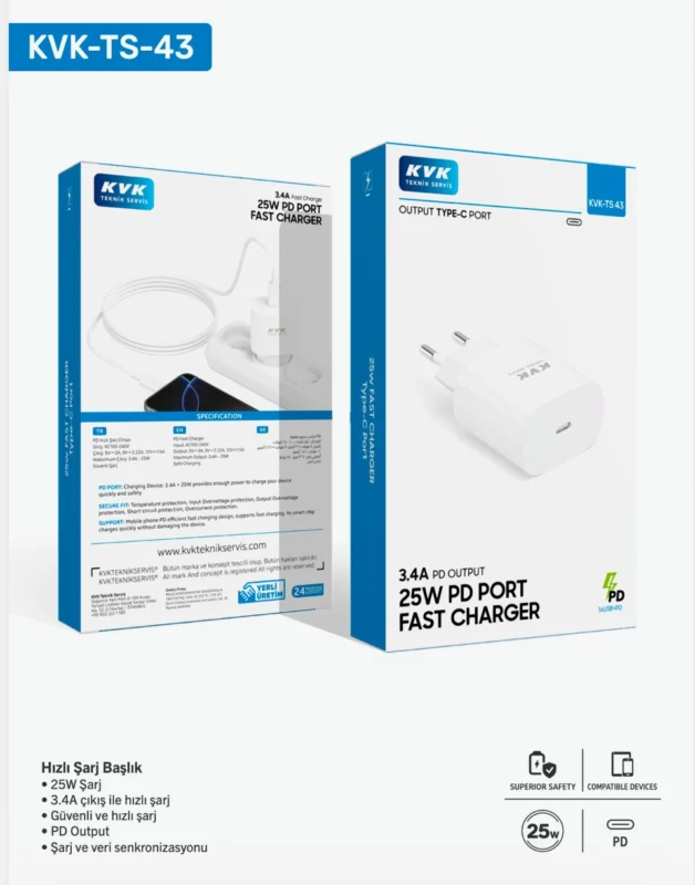 kvkstore.com.tr|25W Type-C PD Hızlı Şarj Başlığı 3.4A Destekli Beyaz